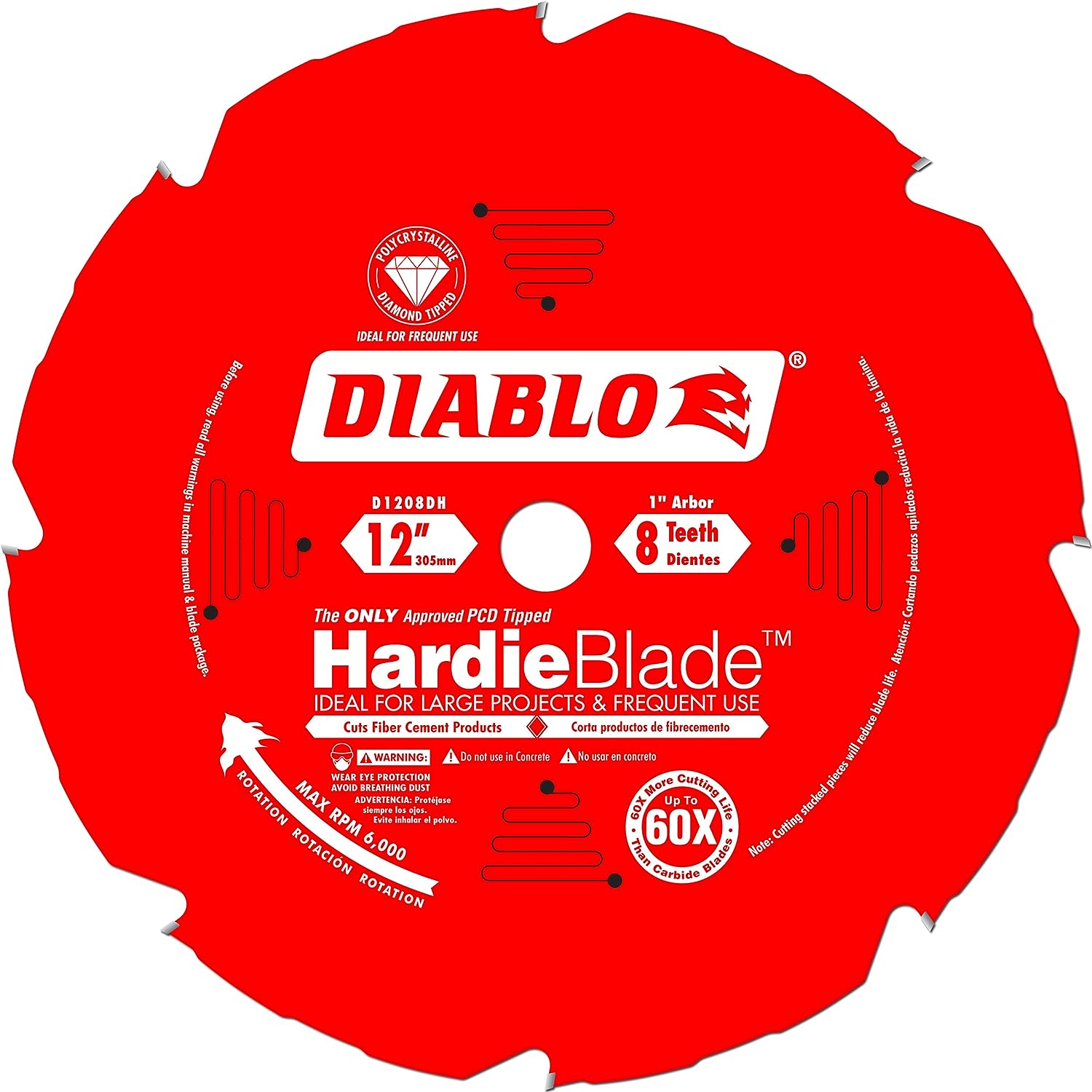 Freud D1208DH Diablo 12-Inch by 8 Tooth Polycrystalline Diamond Tipped TCG Hardie Fiber Cement Saw Blade