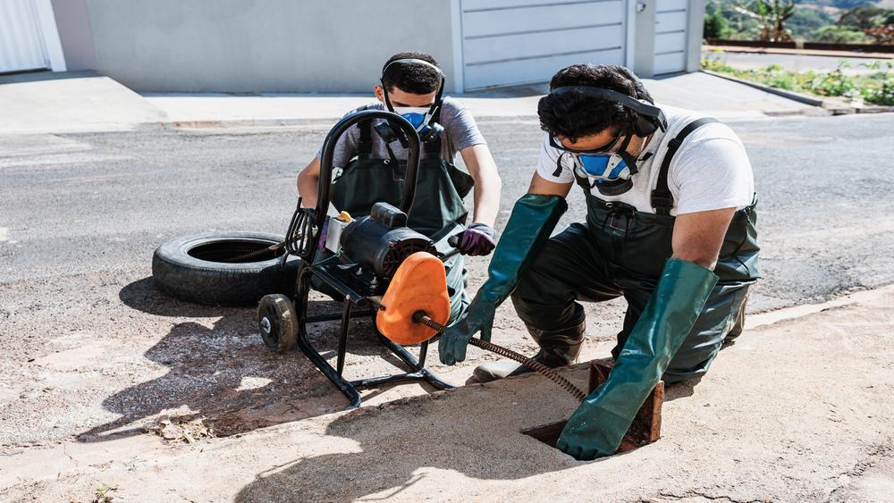 professionals unblocking sewers on street sidewalk